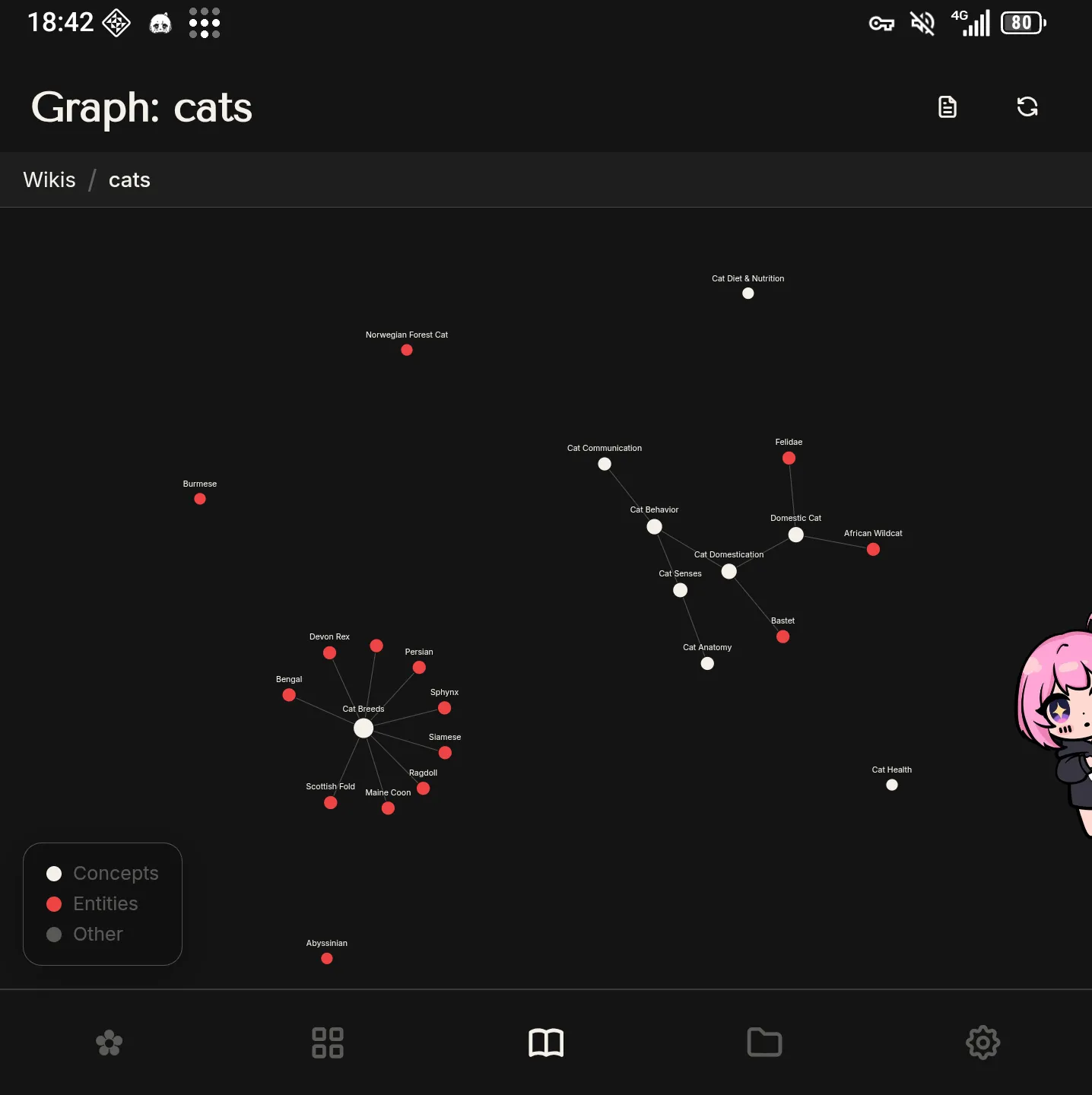 Graph view of a wiki Jenny compiled, linking the concepts and entities she extracted