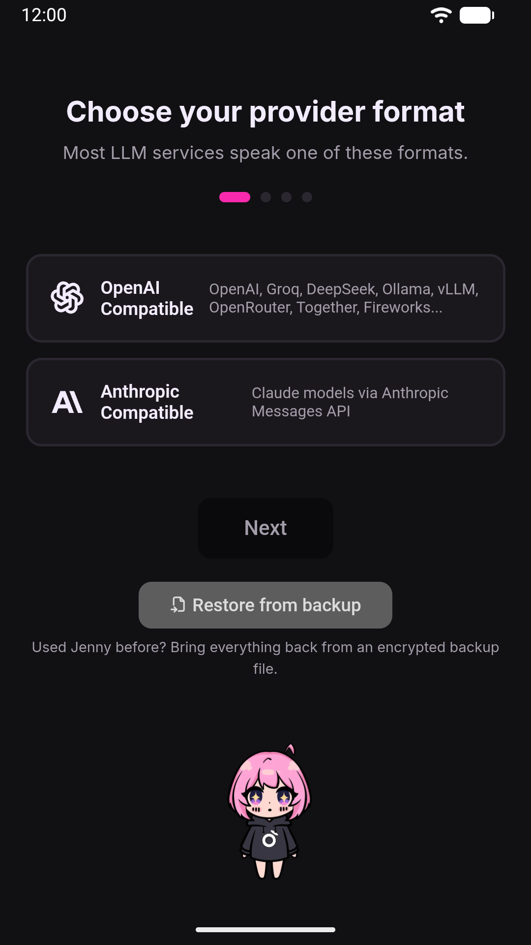 The first-run wizard, step 1: choosing between the OpenAI-compatible and the Anthropic-compatible format