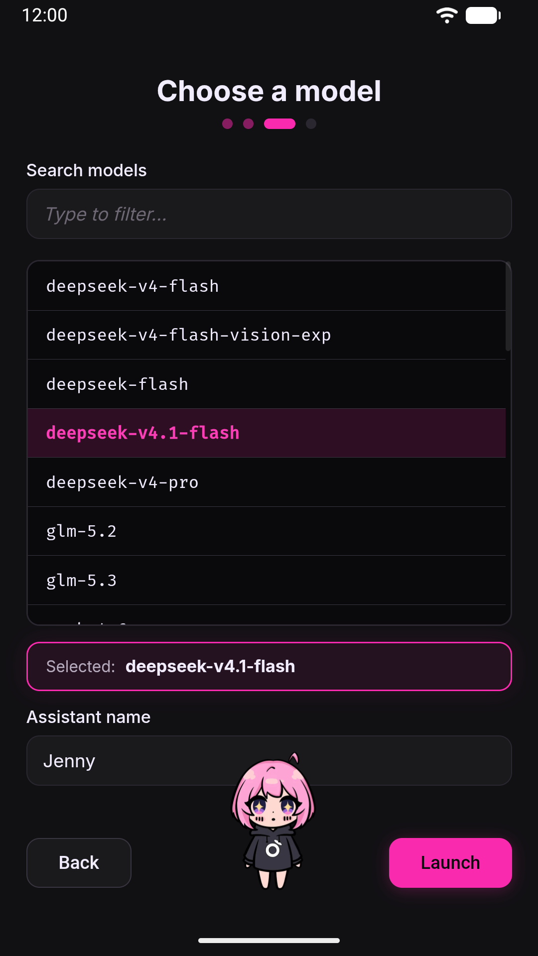 The first-run wizard, step 3: the live model list with one model selected, and the assistant name