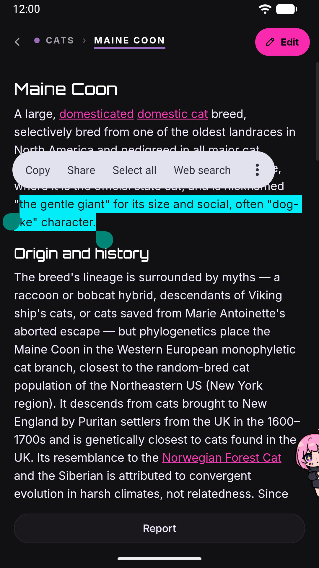 A wiki page in the reader with a passage selected and the Report bar at the bottom